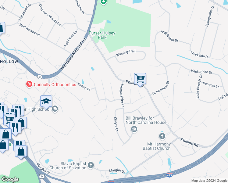 map of restaurants, bars, coffee shops, grocery stores, and more near 2626 Kilmarnock Court in Matthews