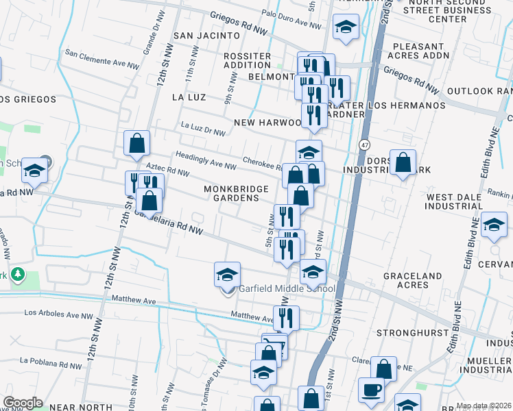 map of restaurants, bars, coffee shops, grocery stores, and more near 521 Veranda Road Northwest in Albuquerque