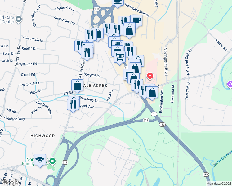 map of restaurants, bars, coffee shops, grocery stores, and more near 1909 Dupont Street in Chattanooga
