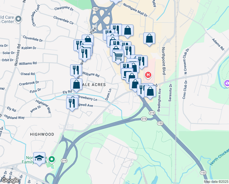map of restaurants, bars, coffee shops, grocery stores, and more near 1909 Dupont Street in Chattanooga