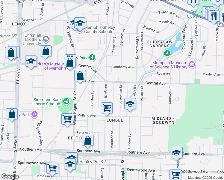 map of restaurants, bars, coffee shops, grocery stores, and more near 339 Marianna Street in Memphis