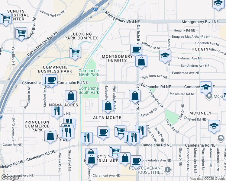 map of restaurants, bars, coffee shops, grocery stores, and more near 3613 Wellesley Drive Northeast in Albuquerque