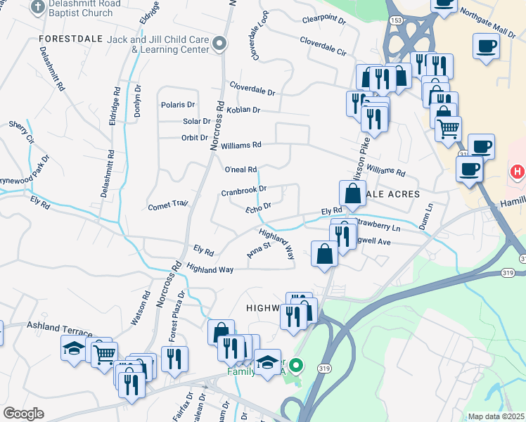 map of restaurants, bars, coffee shops, grocery stores, and more near 1218 Echo Drive in Chattanooga