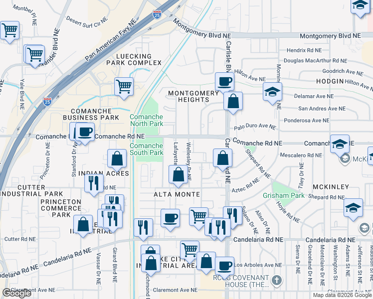 map of restaurants, bars, coffee shops, grocery stores, and more near 3617 Wellesley Drive Northeast in Albuquerque