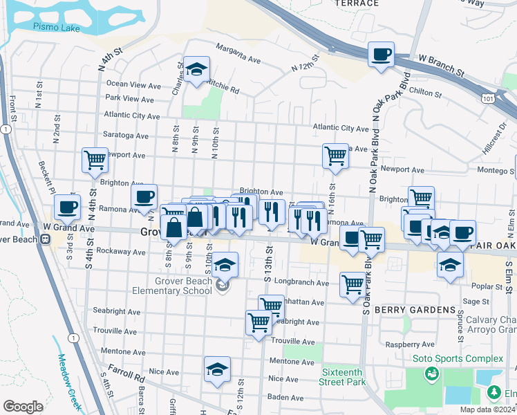 map of restaurants, bars, coffee shops, grocery stores, and more near 234 North 12th Street in Grover Beach
