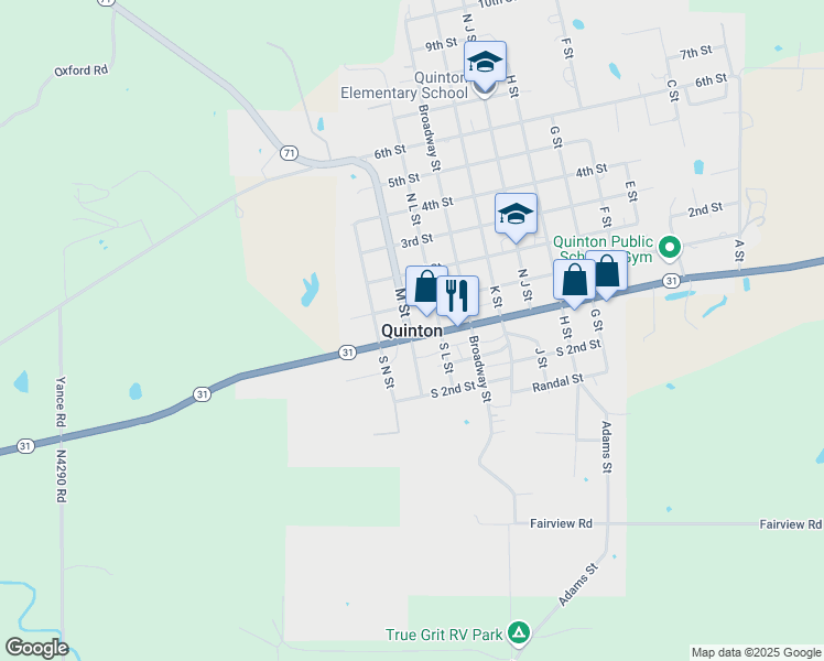 map of restaurants, bars, coffee shops, grocery stores, and more near in Quinton