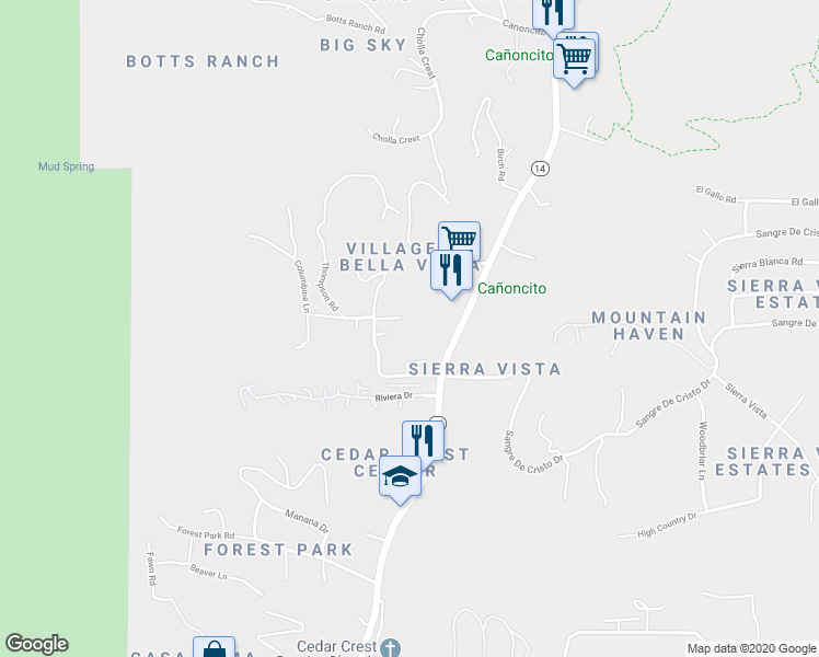 map of restaurants, bars, coffee shops, grocery stores, and more near 24 Columbine Lane in Cedar Crest