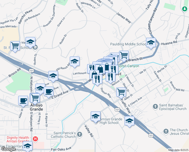 map of restaurants, bars, coffee shops, grocery stores, and more near 145 West Branch Street in Arroyo Grande