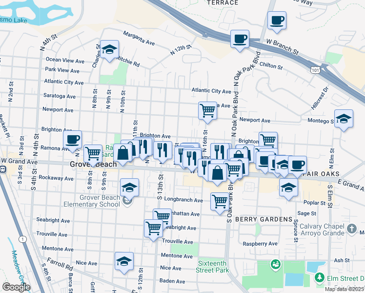 map of restaurants, bars, coffee shops, grocery stores, and more near 248 North 14th Street in Grover Beach