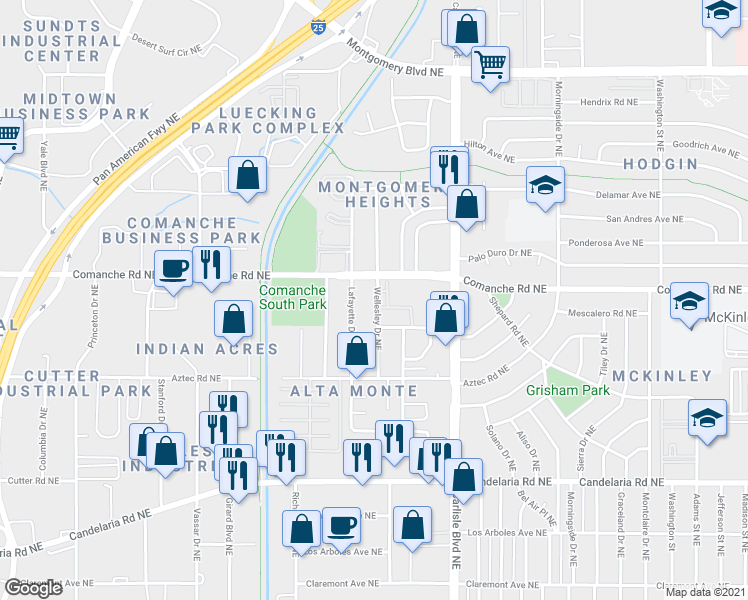 map of restaurants, bars, coffee shops, grocery stores, and more near 3613 Wellesley Drive Northeast in Albuquerque