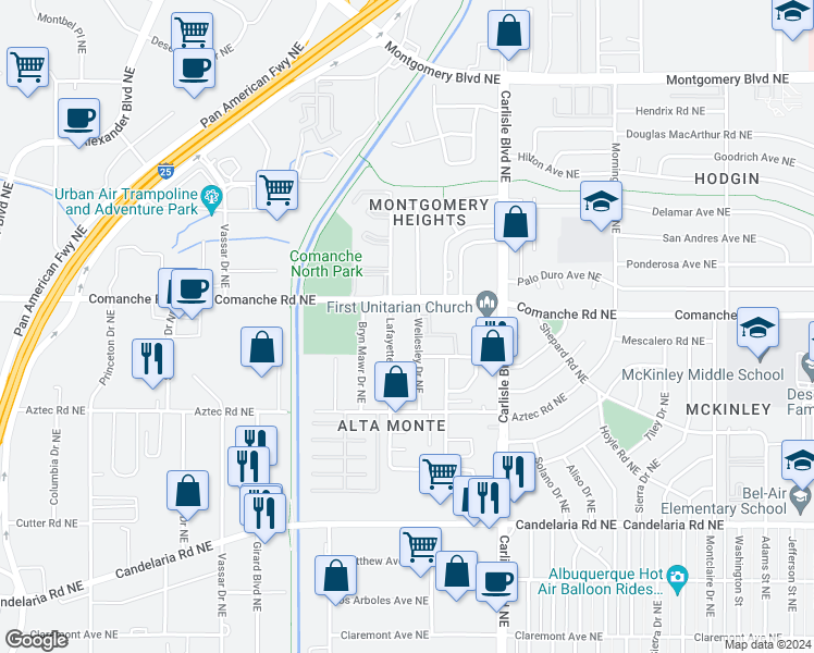 map of restaurants, bars, coffee shops, grocery stores, and more near 3613 Wellesley Drive Northeast in Albuquerque