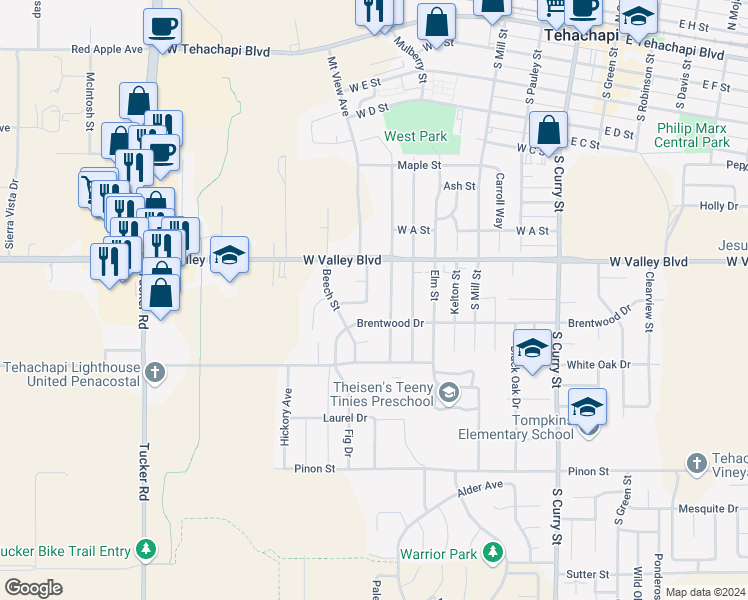 map of restaurants, bars, coffee shops, grocery stores, and more near 816 Aspen Drive in Tehachapi