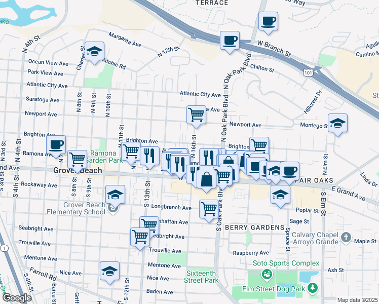 map of restaurants, bars, coffee shops, grocery stores, and more near 1563 Ramona Avenue in Grover Beach