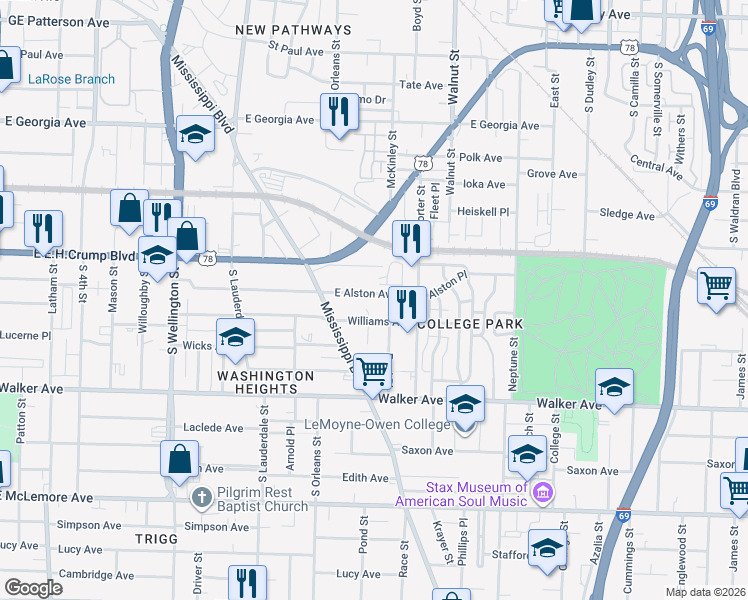 map of restaurants, bars, coffee shops, grocery stores, and more near 690 Williams Avenue in Memphis