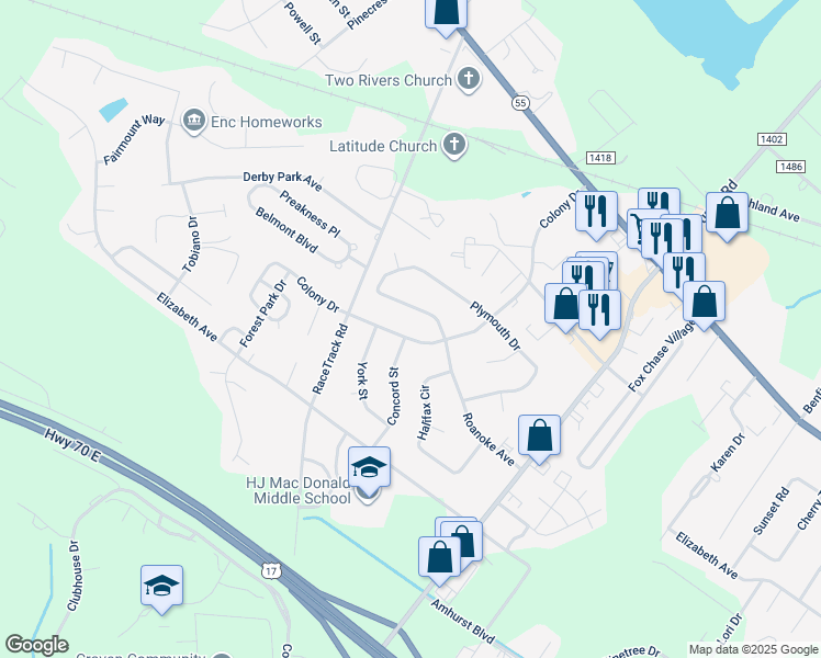 map of restaurants, bars, coffee shops, grocery stores, and more near 915 Colony Drive in New Bern