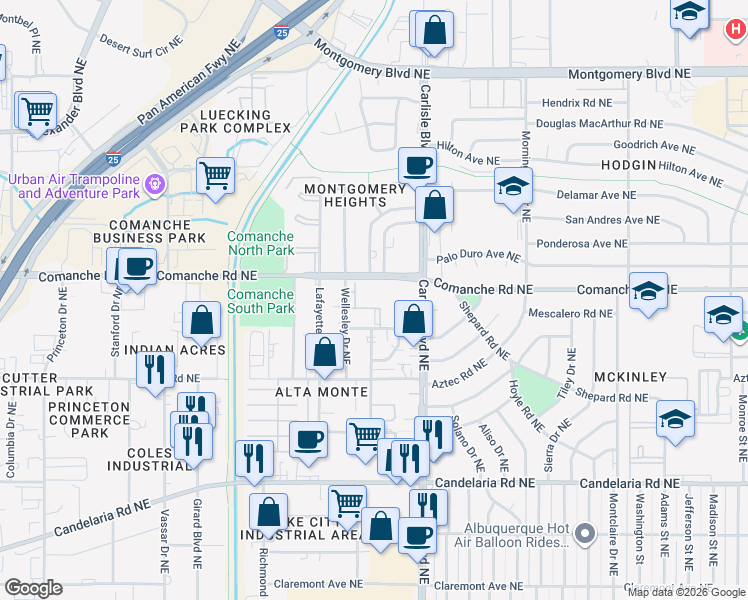 map of restaurants, bars, coffee shops, grocery stores, and more near 3600 Comanche Road Northeast in Albuquerque