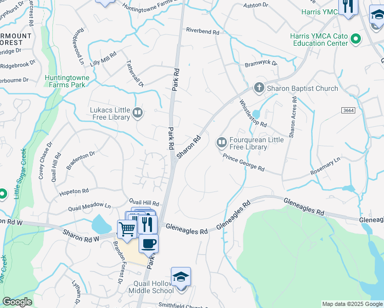 map of restaurants, bars, coffee shops, grocery stores, and more near 8232 Greencastle Drive in Charlotte