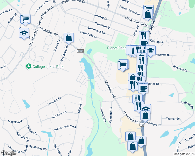 map of restaurants, bars, coffee shops, grocery stores, and more near 319 Idlewild Drive in Fayetteville