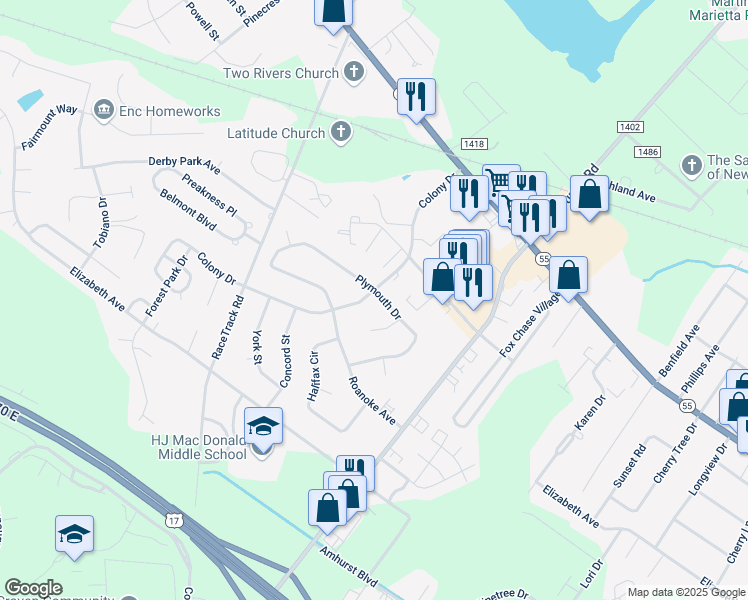 map of restaurants, bars, coffee shops, grocery stores, and more near 1033 Plymouth Dr in New Bern