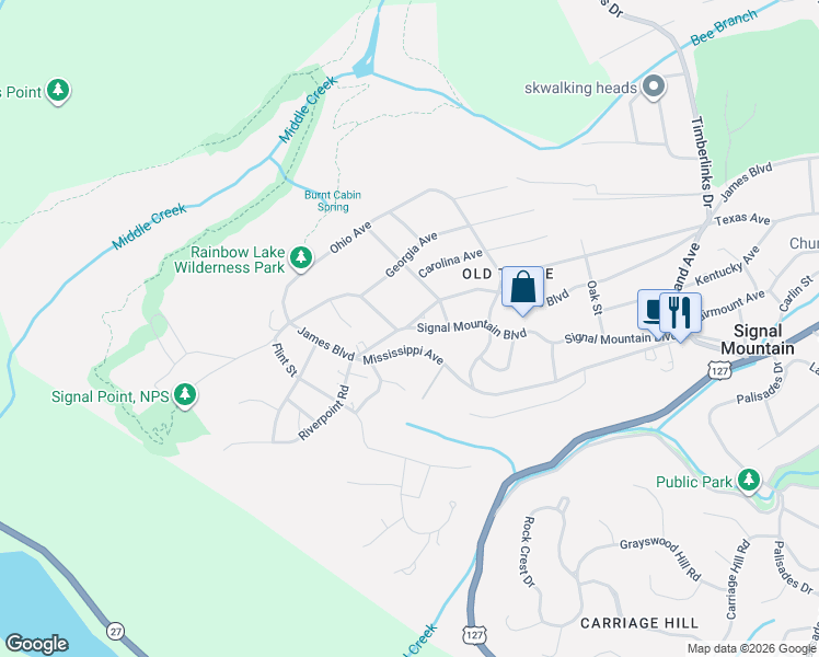 map of restaurants, bars, coffee shops, grocery stores, and more near 402 Signal Mountain Boulevard in Signal Mountain