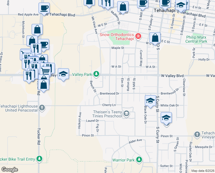 map of restaurants, bars, coffee shops, grocery stores, and more near 817 Oakwood Street in Tehachapi
