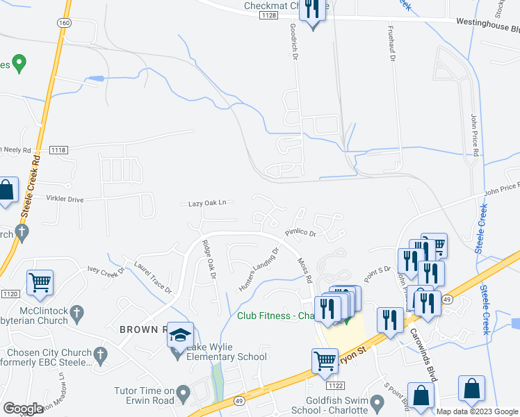 map of restaurants, bars, coffee shops, grocery stores, and more near 11108 Whitlock Crossing Court in Charlotte