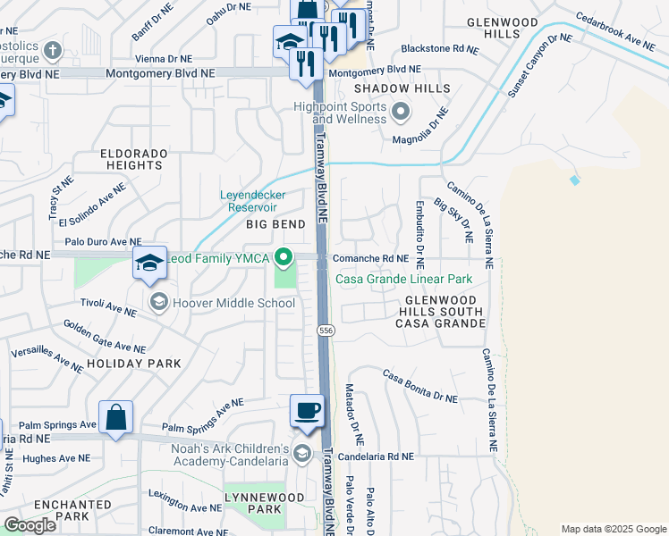 map of restaurants, bars, coffee shops, grocery stores, and more near 3639 Calle Pino Northeast in Albuquerque