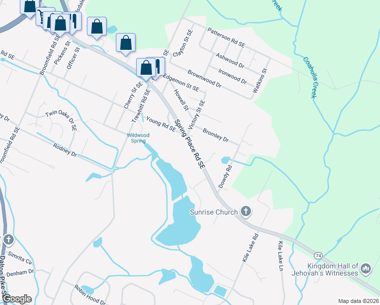 map of restaurants, bars, coffee shops, grocery stores, and more near 2524 Spring Place Road Southeast in Cleveland