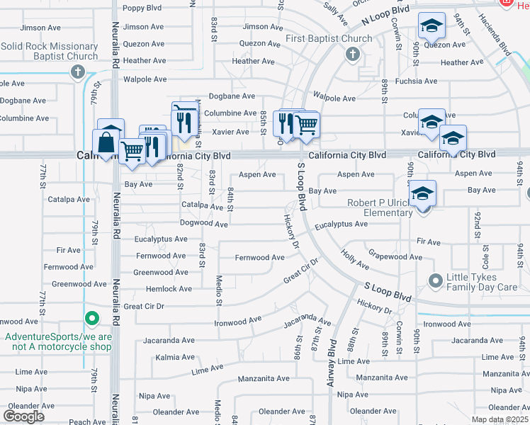 map of restaurants, bars, coffee shops, grocery stores, and more near Catalpa Avenue in California City