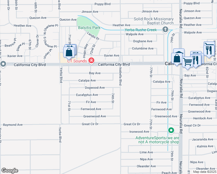 map of restaurants, bars, coffee shops, grocery stores, and more near Dogwood Avenue in California City