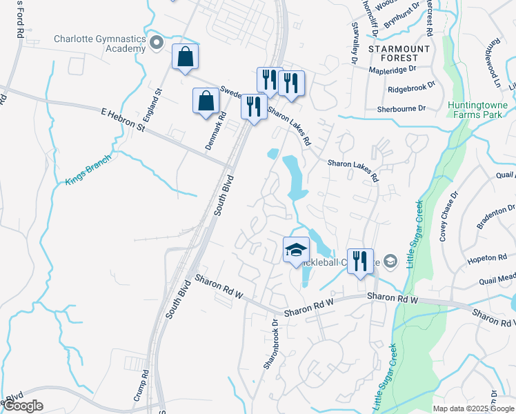 map of restaurants, bars, coffee shops, grocery stores, and more near 7801 Waterford Lakes Drive in Charlotte