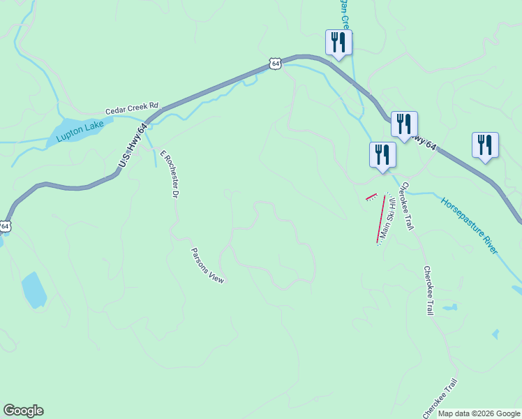 map of restaurants, bars, coffee shops, grocery stores, and more near 42 Ledgeview Road in Cashiers
