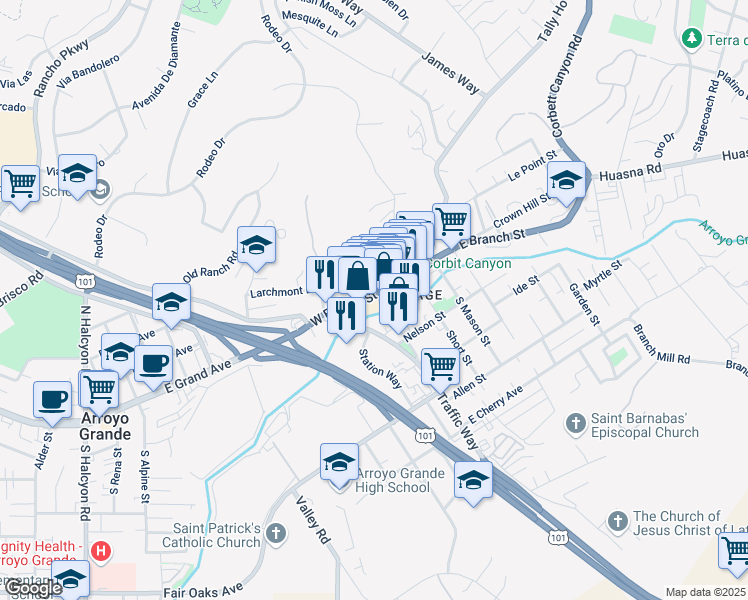 map of restaurants, bars, coffee shops, grocery stores, and more near 125 Traffic Way in Arroyo Grande