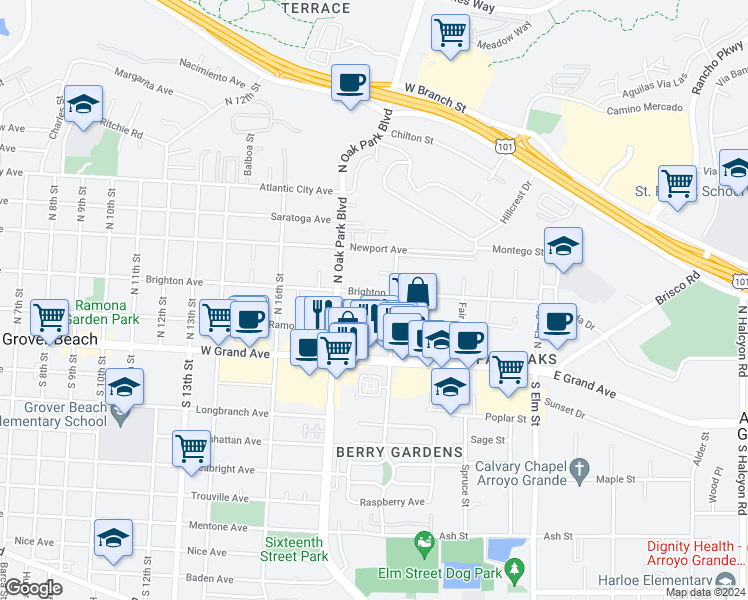 map of restaurants, bars, coffee shops, grocery stores, and more near 1936 Brighton Avenue in Grover Beach