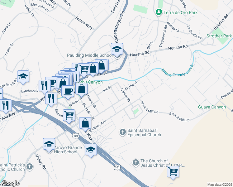 map of restaurants, bars, coffee shops, grocery stores, and more near 243 Cross Street in Arroyo Grande
