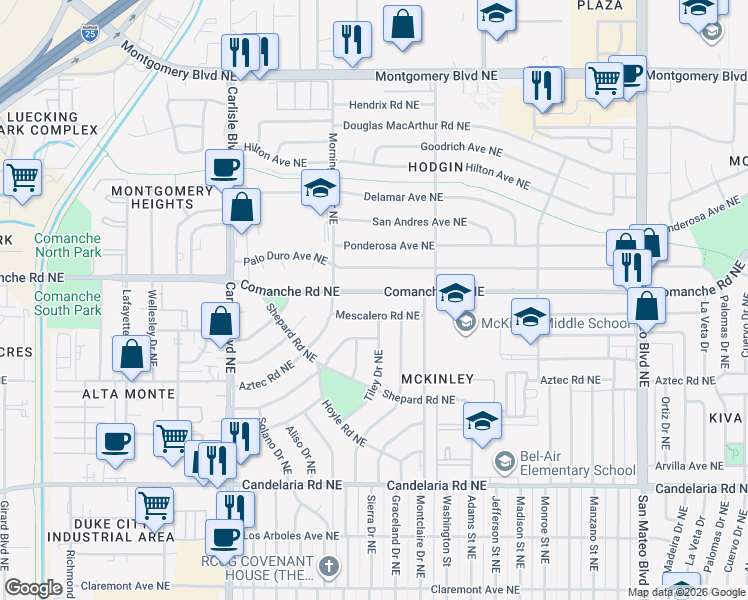 map of restaurants, bars, coffee shops, grocery stores, and more near 4107 Mescalero Road Northeast in Albuquerque