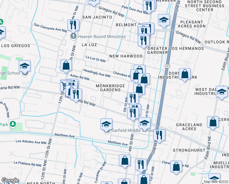 map of restaurants, bars, coffee shops, grocery stores, and more near 521 Veranda Road Northwest in Albuquerque