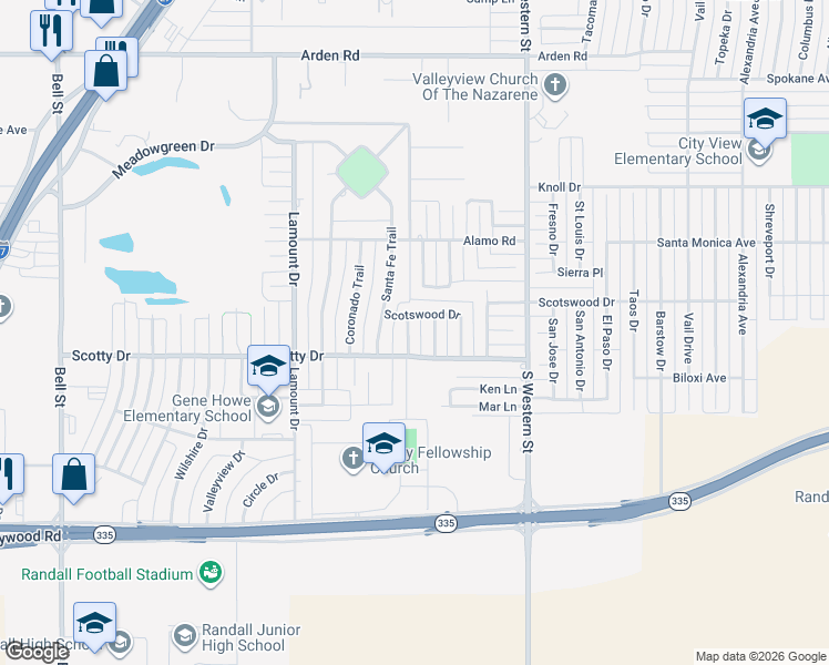 map of restaurants, bars, coffee shops, grocery stores, and more near 8210 Wrangler Trail in Amarillo