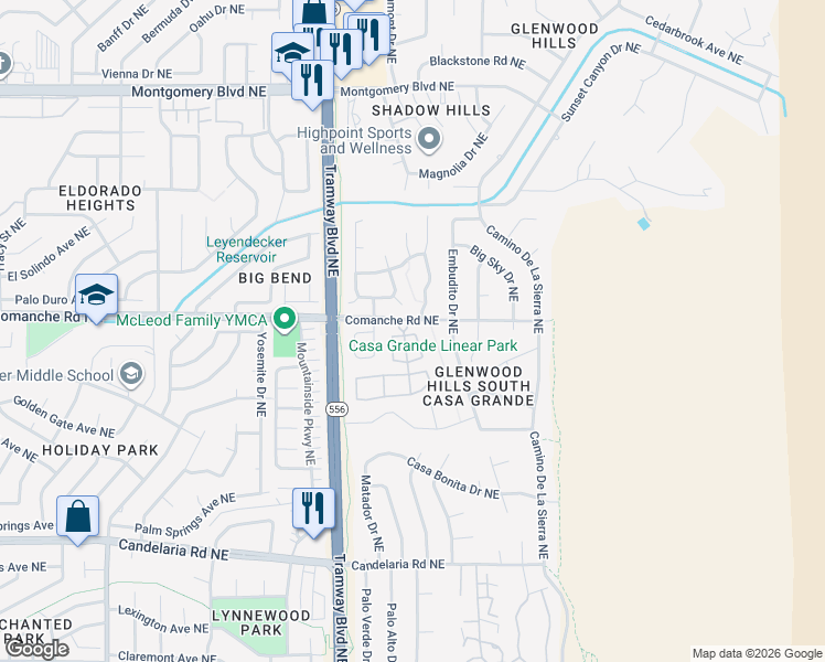 map of restaurants, bars, coffee shops, grocery stores, and more near 99999 Comanche Road Northeast in Albuquerque