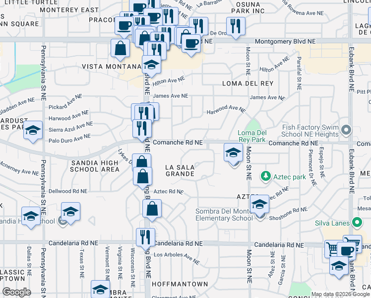map of restaurants, bars, coffee shops, grocery stores, and more near 3413 La Sala Del Oeste Northeast in Albuquerque
