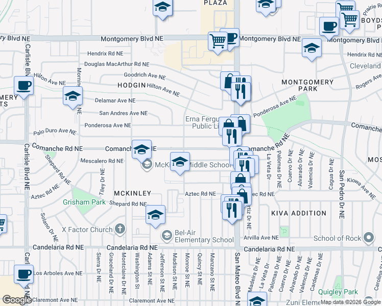 map of restaurants, bars, coffee shops, grocery stores, and more near 4814 Mescalero Road Northeast in Albuquerque