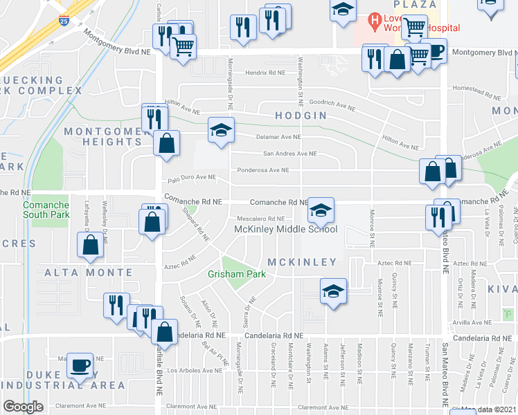 map of restaurants, bars, coffee shops, grocery stores, and more near 4107 Mescalero Road Northeast in Albuquerque