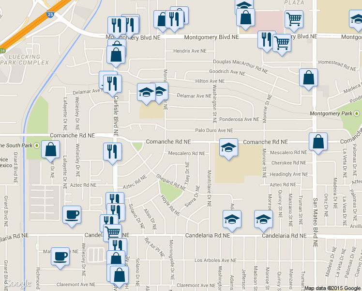 map of restaurants, bars, coffee shops, grocery stores, and more near 4015 Mescalero Road Northeast in Albuquerque