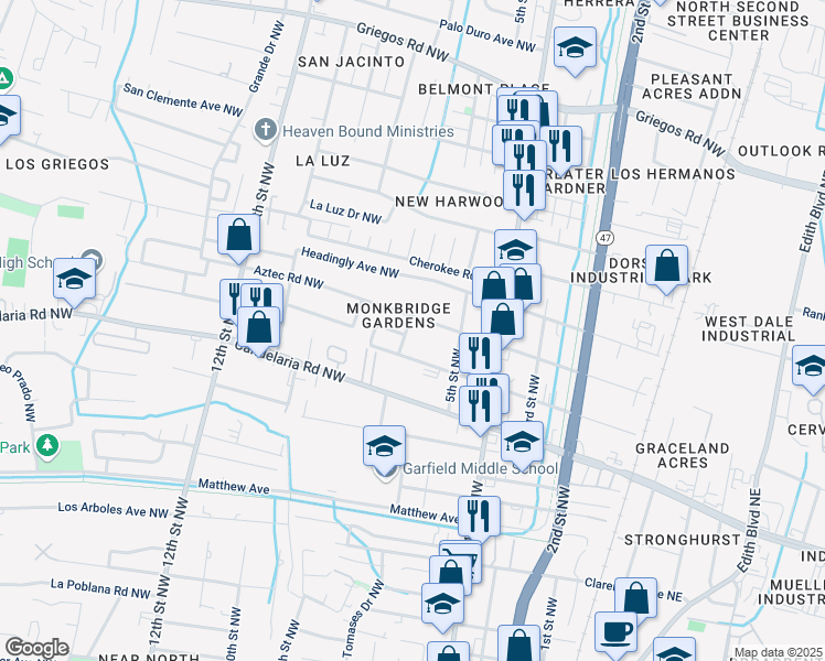 map of restaurants, bars, coffee shops, grocery stores, and more near 521 Veranda Road Northwest in Albuquerque