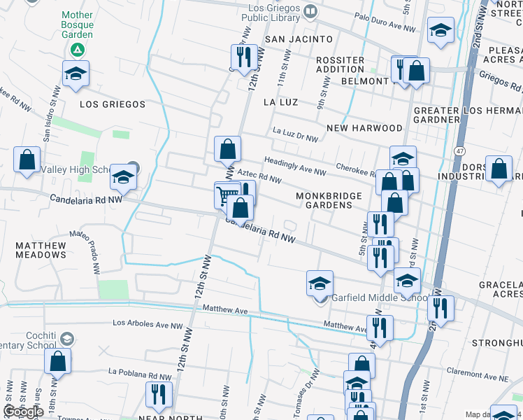 map of restaurants, bars, coffee shops, grocery stores, and more near 1105 Candelaria Road Northwest in Albuquerque