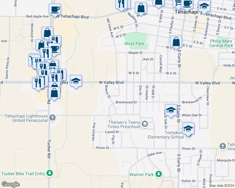 map of restaurants, bars, coffee shops, grocery stores, and more near 816 Aspen Drive in Tehachapi