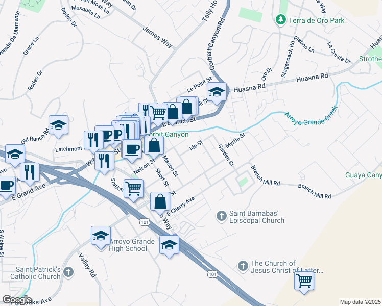 map of restaurants, bars, coffee shops, grocery stores, and more near 305 Whiteley Street in Arroyo Grande