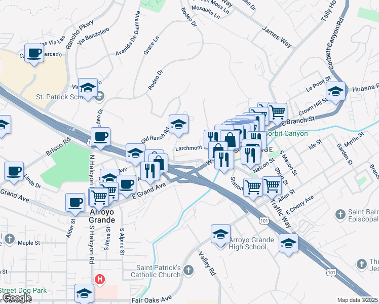 map of restaurants, bars, coffee shops, grocery stores, and more near 252 West Branch Street in Arroyo Grande
