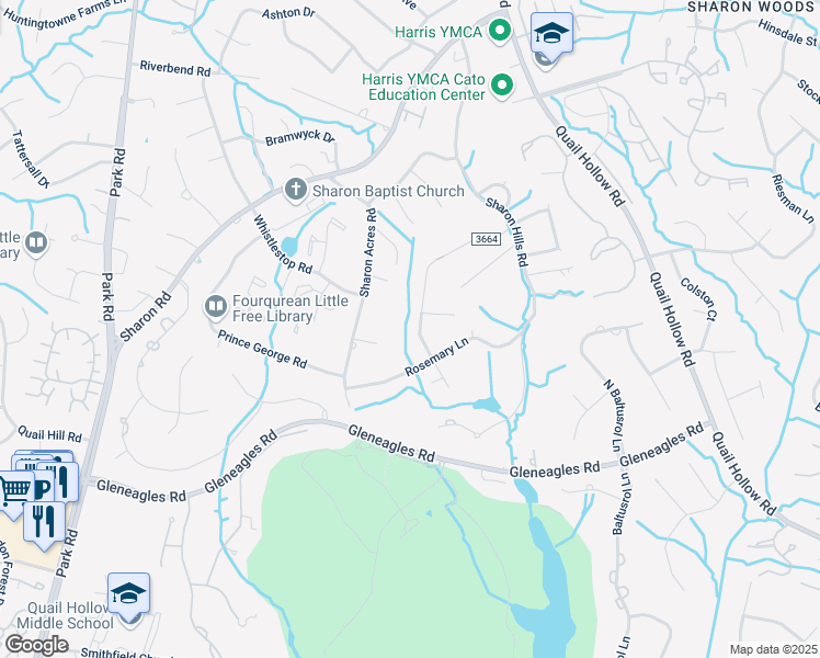 map of restaurants, bars, coffee shops, grocery stores, and more near 6430 Saint John Lane in Charlotte