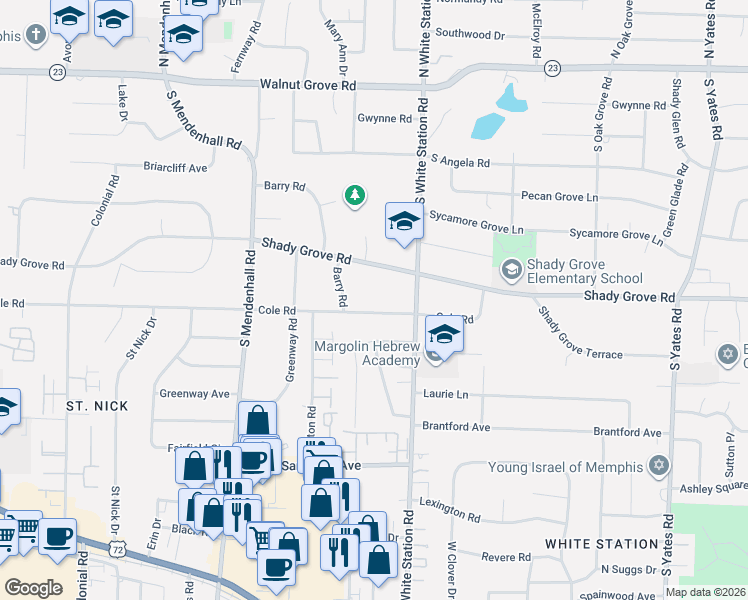 map of restaurants, bars, coffee shops, grocery stores, and more near 5187 Cole Road in Memphis